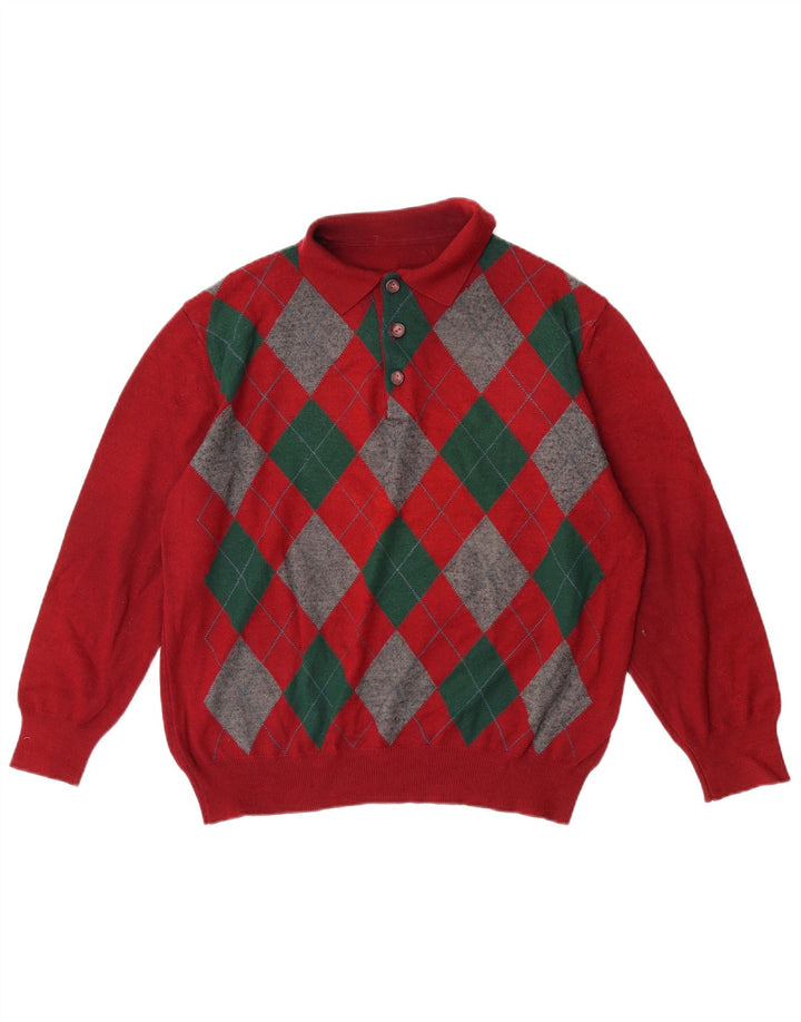 VINTAGE Herre Polo Neck Jumper Sweater Large Red Argyle/Diamond