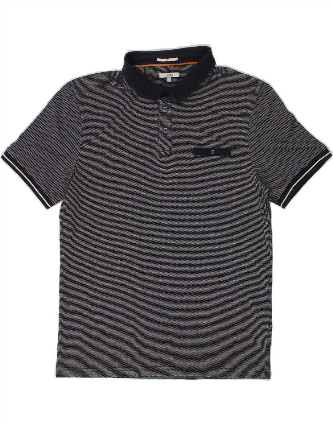 JULES Mens Abstract Pattern Slim Fit Polo Shirt Large Navy Blue Cotton Vintage Jules and Second-Hand Jules from Messina Hembry 