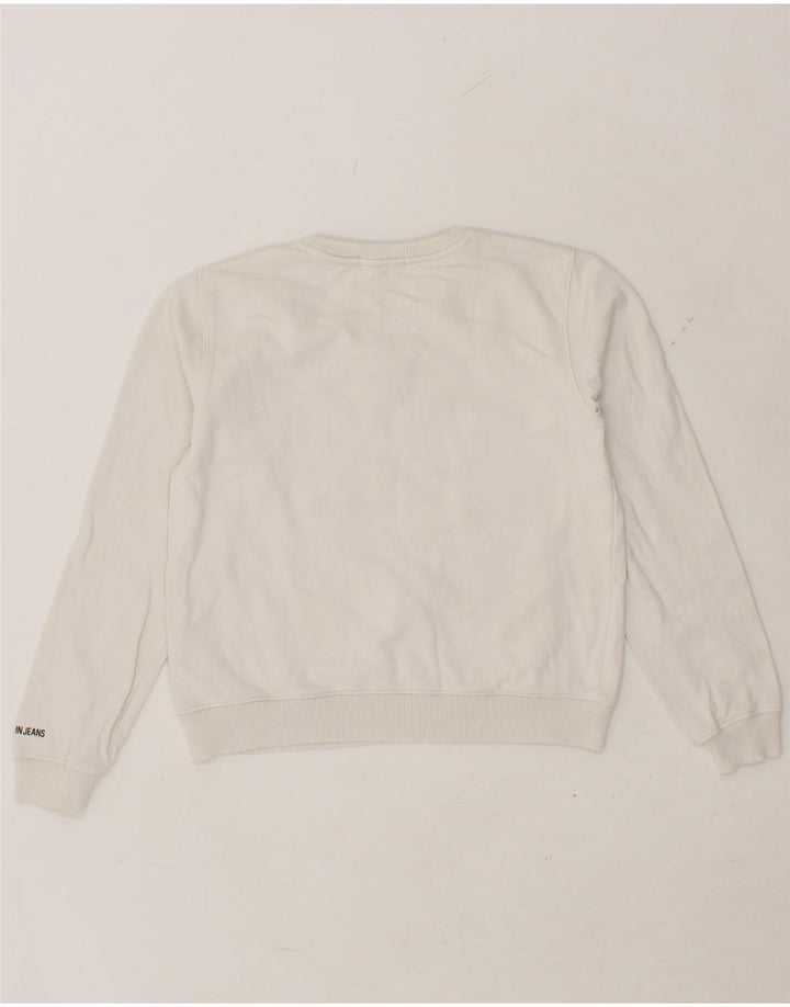 CALVIN KLEIN Girls Graphic Sweatshirt Jumper 13-14 Years Medium Off White Vintage Calvin Klein and Second-Hand Calvin Klein from Messina Hembry 