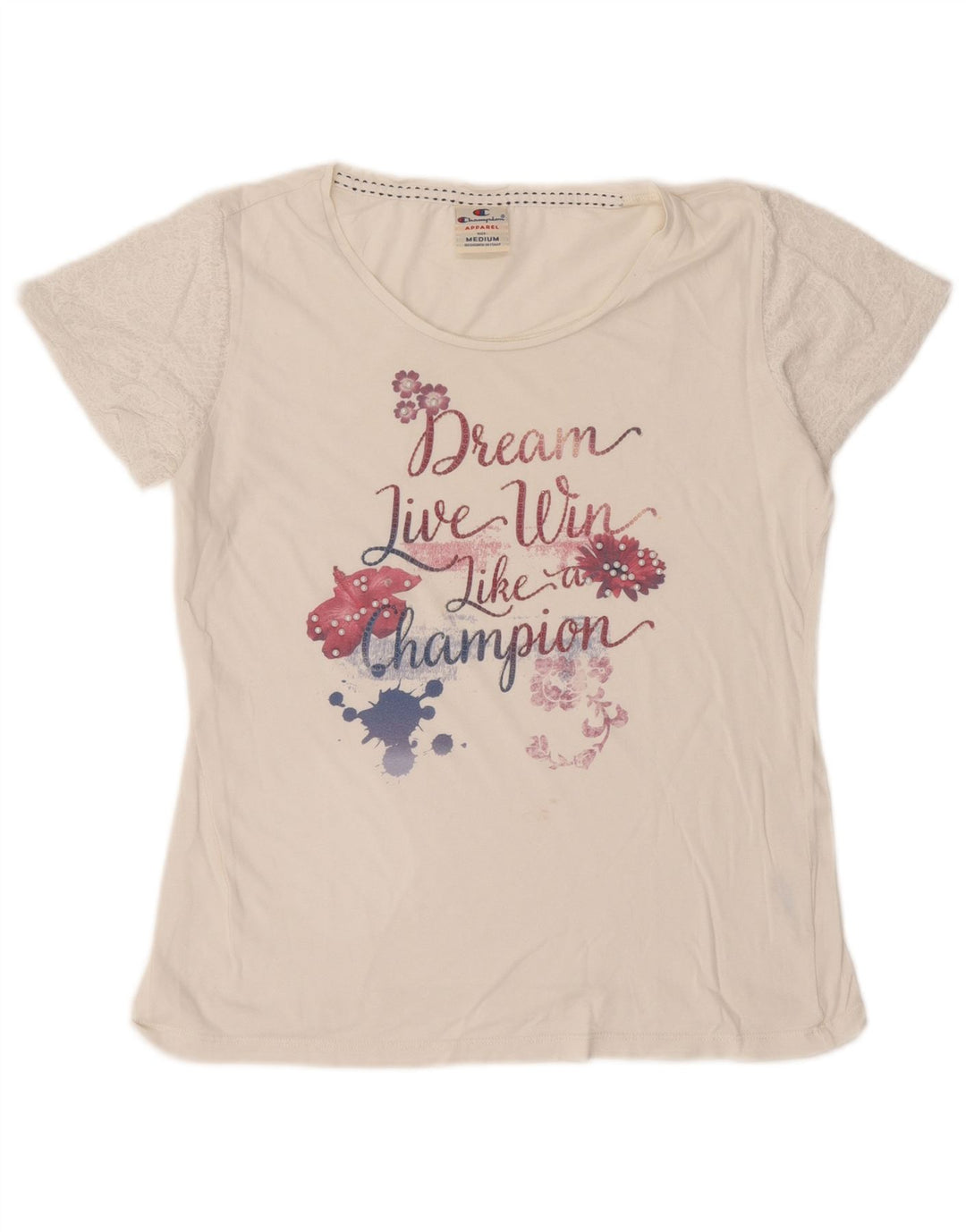 Champion Dame Grafisk T-Shirt Top UK 14 Medium Hvid Bomuld