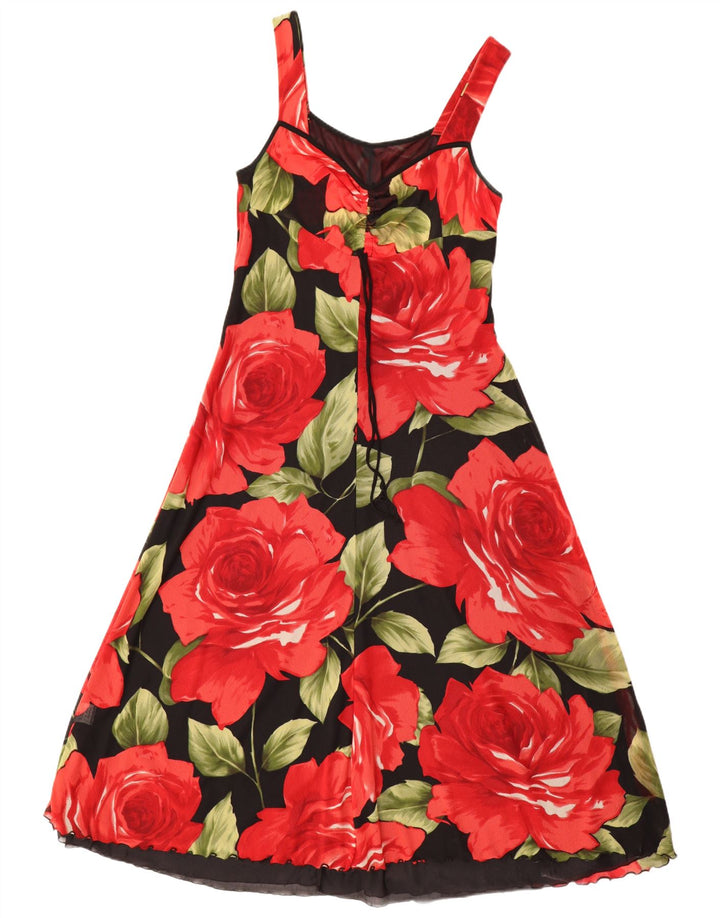 VINTAGE ærmeløs maxikjole til kvinder UK 12 Medium Black Floral Polyamid