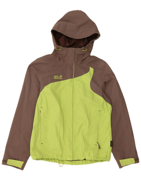 JACK WOLFSKIN Regnjakke med hætte til kvinder UK 12/14 Medium Green Colourblock