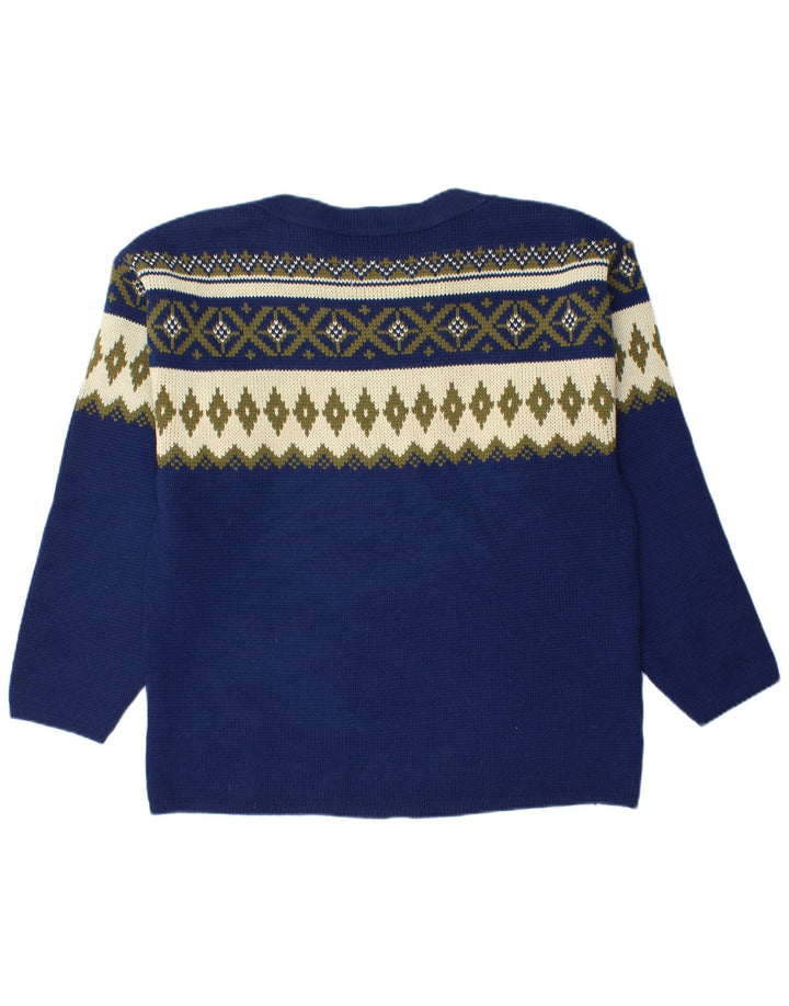 VINTAGE Herre Boat Neck Jumper Sweater Medium Navy Blue Fair Isle