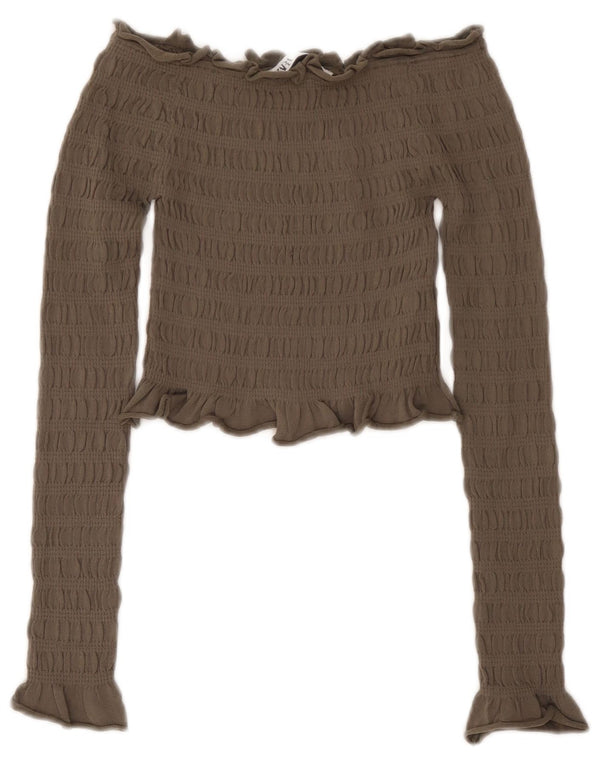 Zara Womens Crop Langærmet Off Shoulder Top UK 10 Small Khaki Viscose