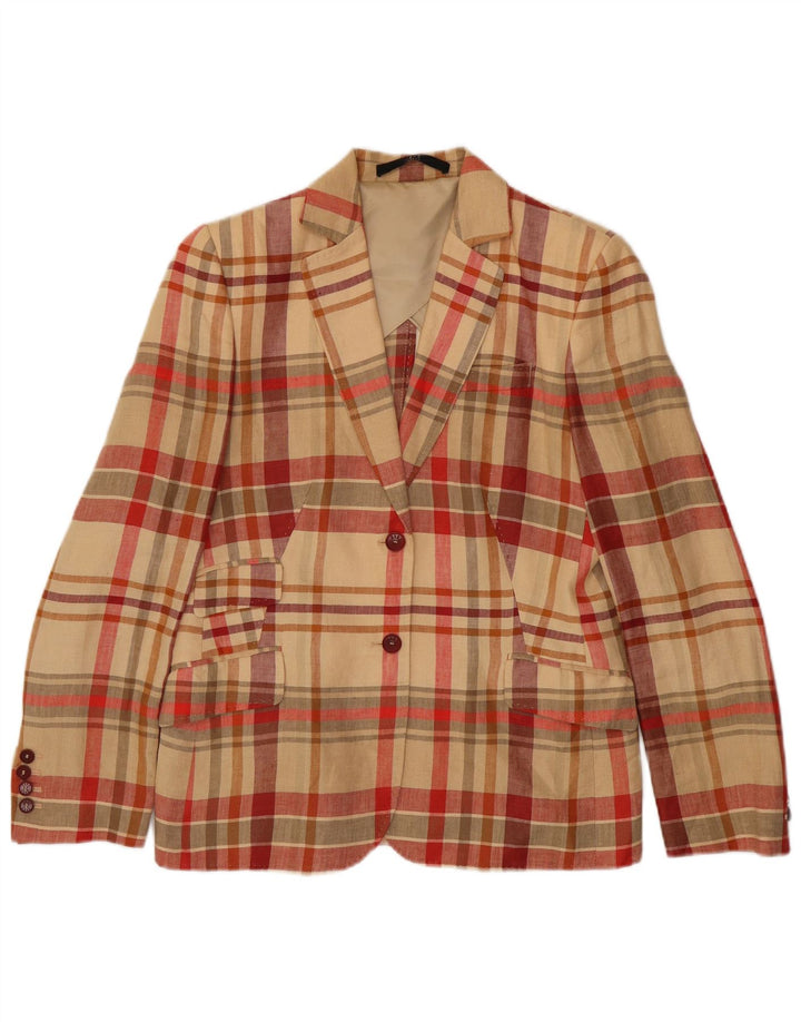 DAKS Dame 2 Button Blazer Jacket UK 14 Large Beige Check Linen