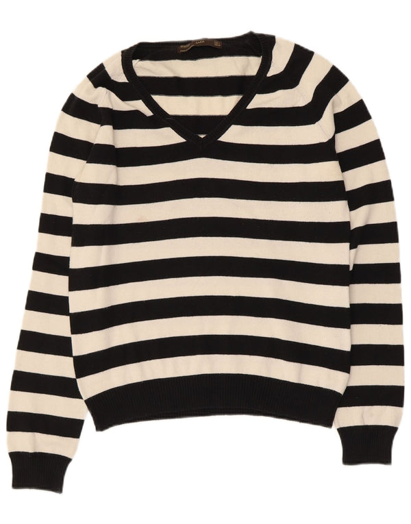 Zara Womens Crop V-hals sweater UK 14 Stor sort stribet bomuld