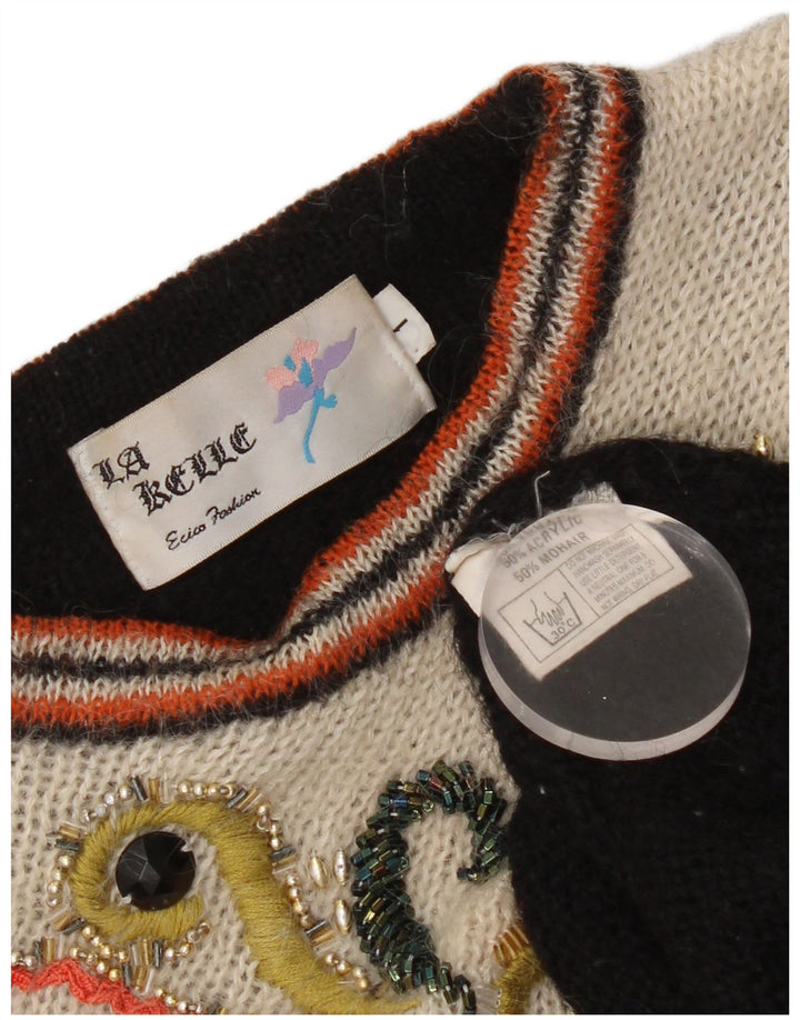 Vintage Dame Crew Neck Jumper Sweater UK 14 Medium Sort Geometrisk