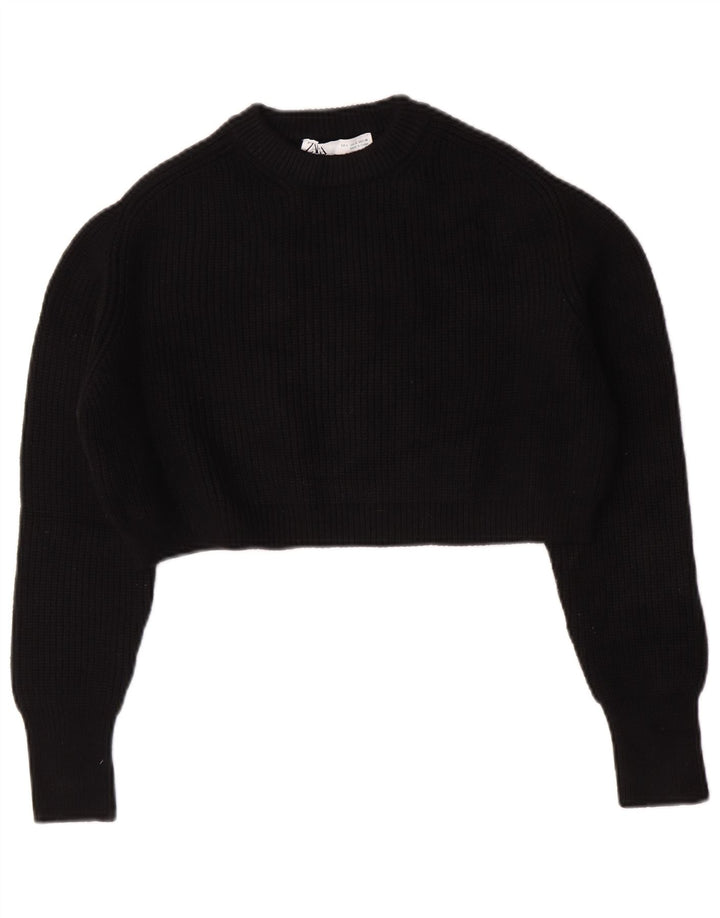 Zara Womens Oversized Crop Crew Neck Jumper Sweater UK 10 Small Black