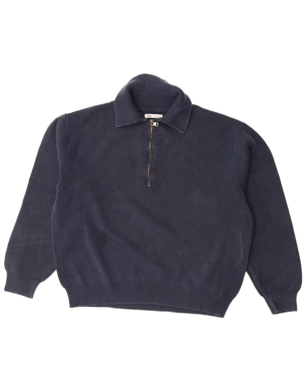 Zara Herre Loose Fit Polo Neck Jumper Sweater Medium Marineblå Bomuld