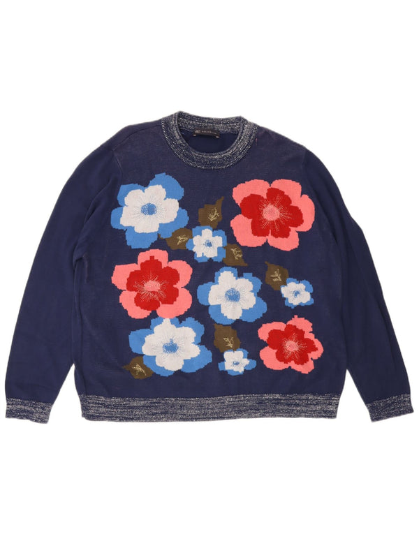 Marks & Spencer dame sweater med rund hals DK 22 3XL blå blomster