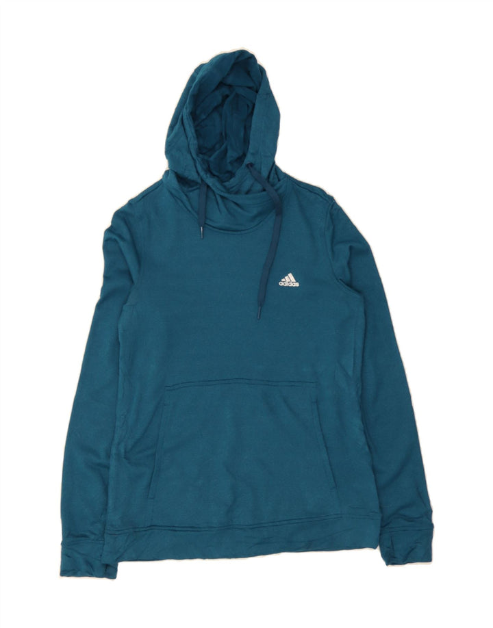 ADIDAS Womens Climawarm Hoodie Jumper UK 12/14 Medium Blue Polyester Vintage Adidas and Second-Hand Adidas from Messina Hembry 