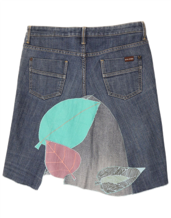 Mango kvinders asymmetrisk grafisk denimnederdel EU 40 Medium W30 blå bomuld