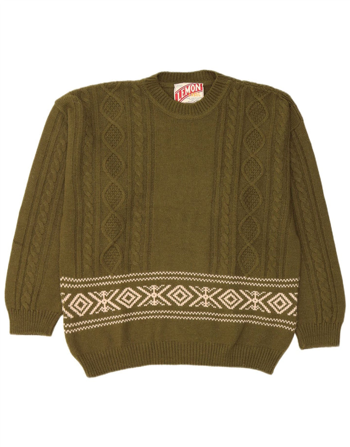Citron Herre Crew Neck Jumper Sweater XL Khaki Fair Isle Wool