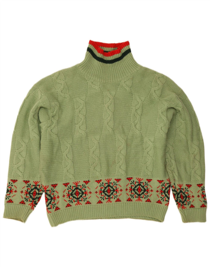 Vintage Dame Turtle Neck Jumper Sweater UK 14 Medium Green Geometric