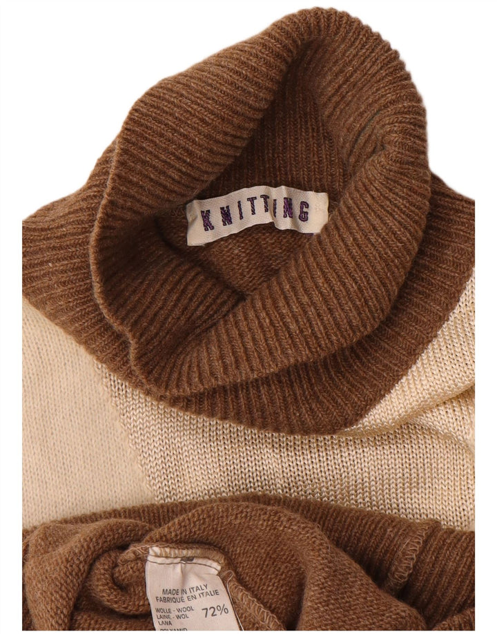 Vintage Dame Roll Neck Jumper Sweater UK 14 Medium Brown Colourblock Uld