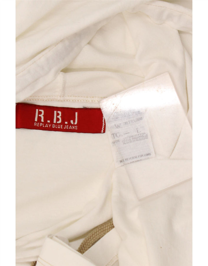REPLAY Dame Hooded Grafisk Top Langærmet UK 14 Large White Bomuld