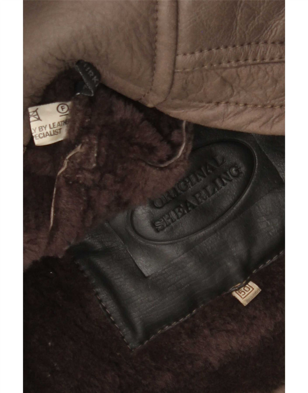 Vintage herre dobbeltradet shearling jakke IT 50 stort brunt læder