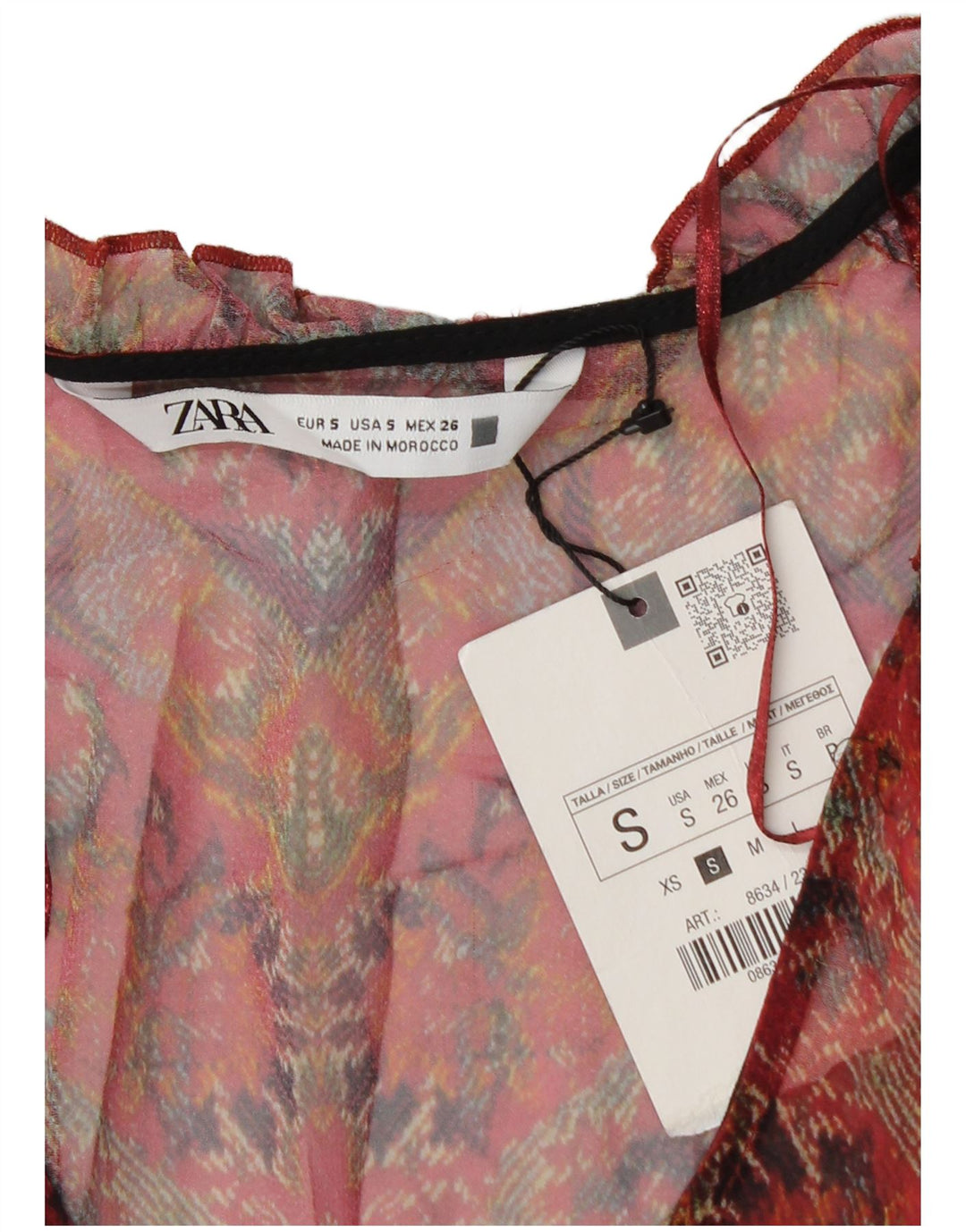 ZARA Dame Se Through Langærmet Tunika Top UK 8 Small Red Floral