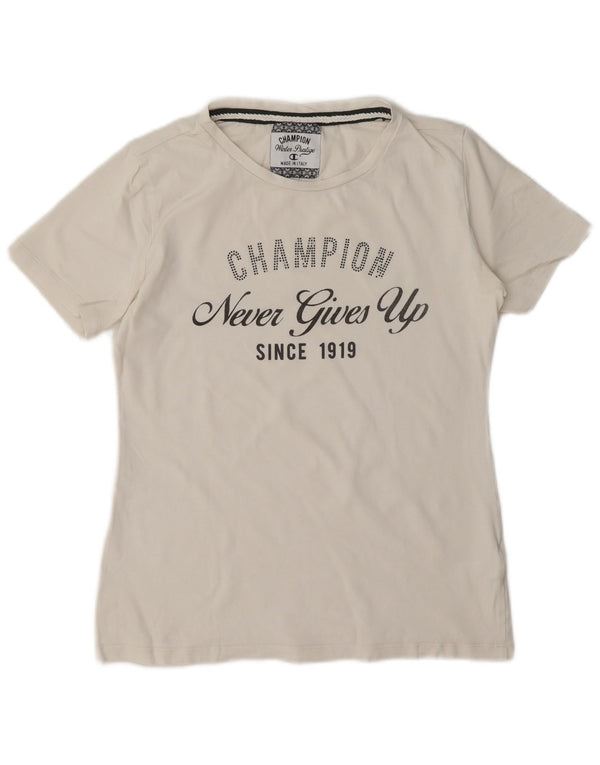 Champion Dame Grafisk T-Shirt Top UK 12 Medium Hvid Bomuld