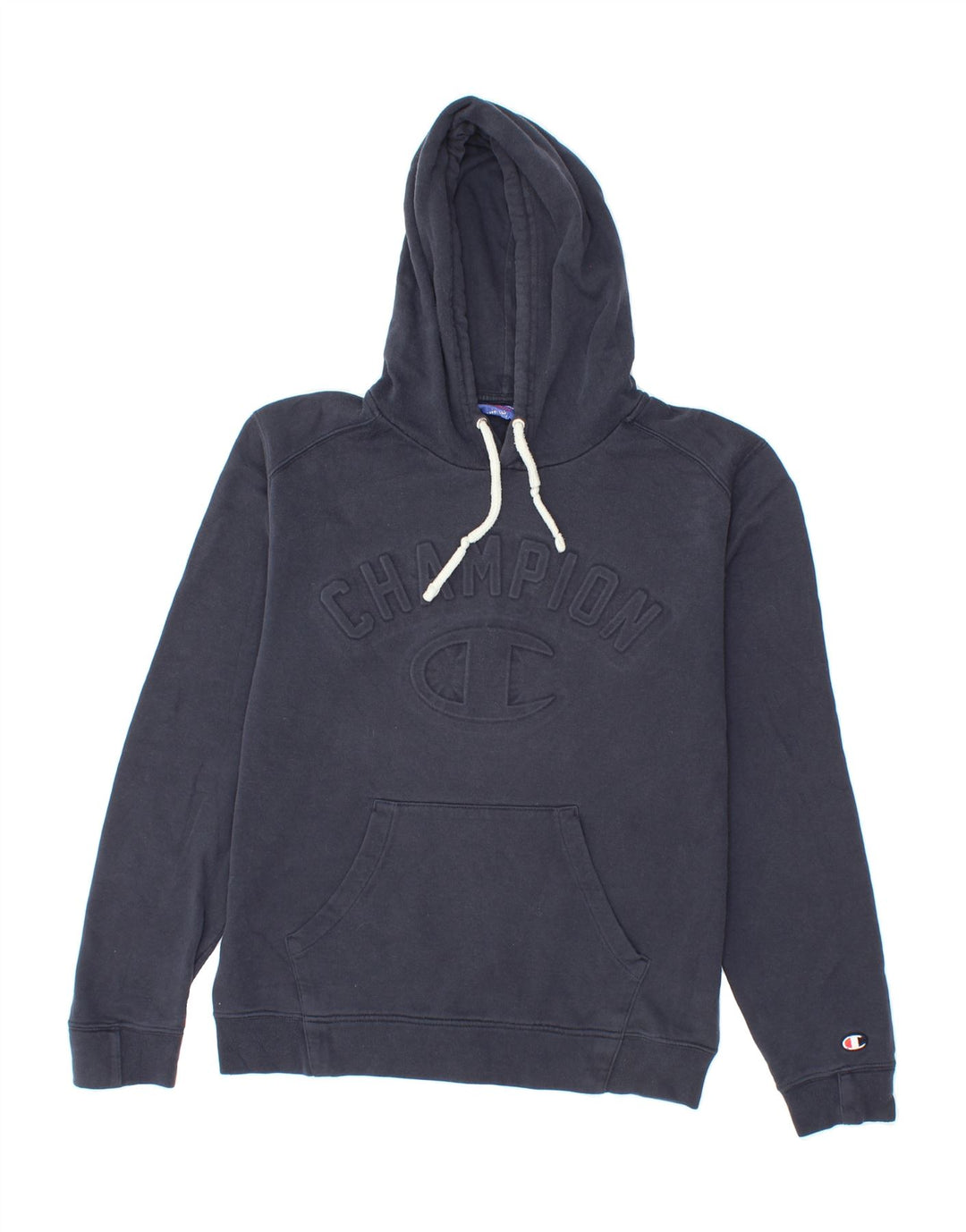 CHAMPION Mens Graphic Hoodie Jumper Medium Navy Blue Cotton Vintage Champion and Second-Hand Champion from Messina Hembry 
