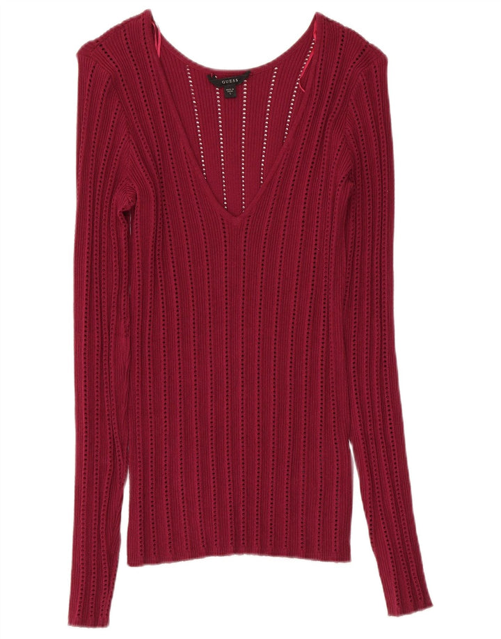 GUESS Dame V-hals sweater UK 12 Medium Burgundy Rayon