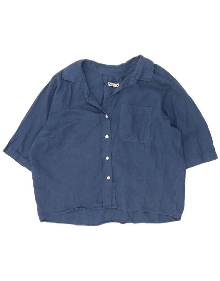 Zara Kortærmet Oversized skjortebluse til kvinder UK 14 Medium Navy Blue