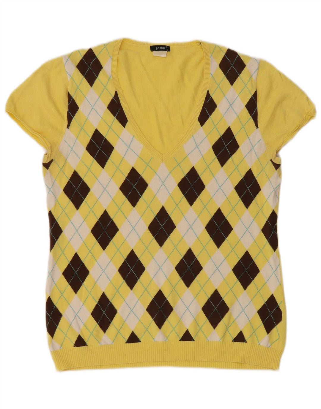 J. CREW Dame V-hals sweater UK 12 Medium Yellow Argyle/Diamond