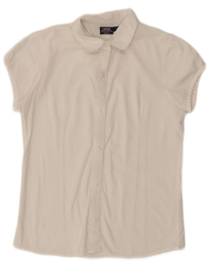 IZOD Piger Flæse Front Kortærmet Skjorte Bluse 14-15 År Stor Hvid