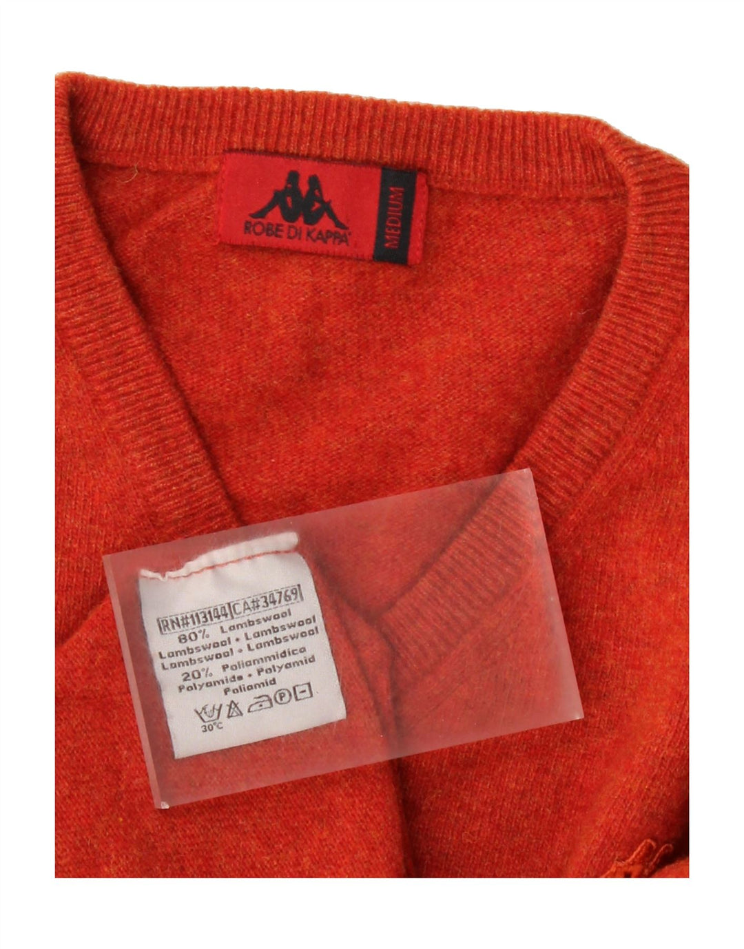 KAPPA Mens V-Neck Jumper Sweater Medium Orange Lambswool Vintage Kappa and Second-Hand Kappa from Messina Hembry 