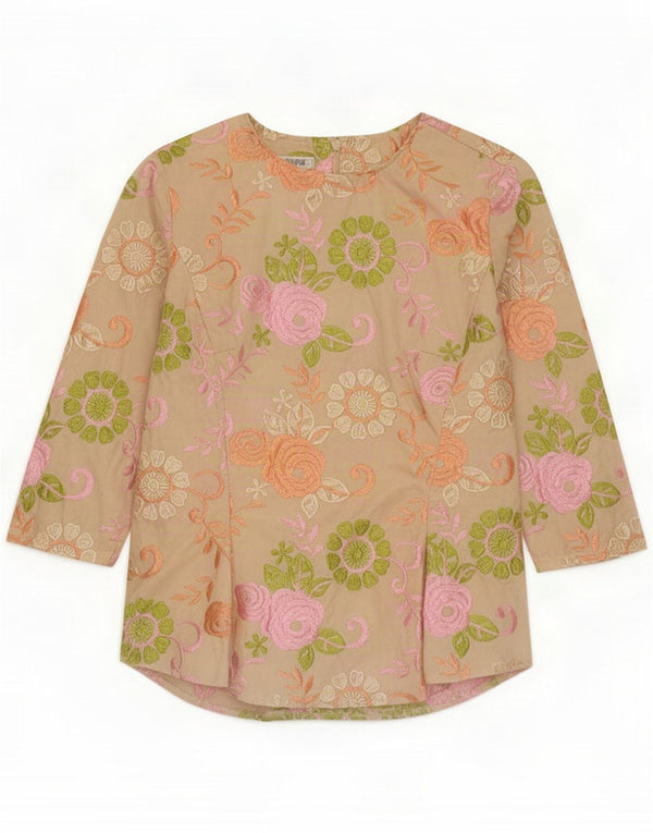 Naracamicie Dame 3/4 ærmet bluse Top UK 10 Small Beige Floral Cotton