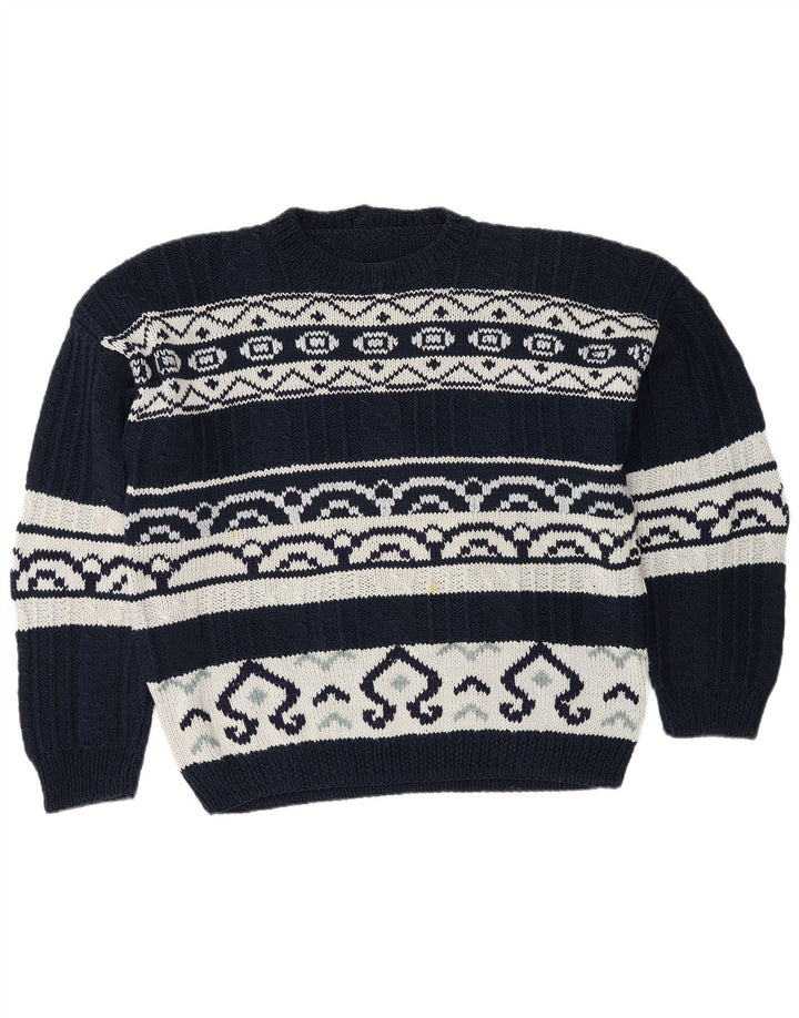 Vintage Herre rund hals sweater stor marineblå Fair Isle