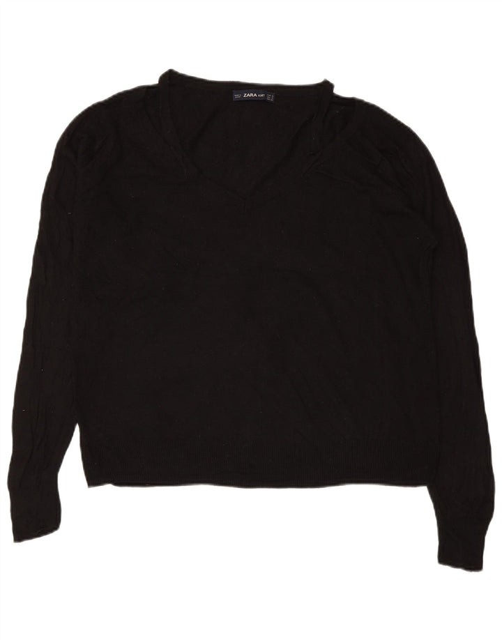 ZARA Dame Oversized V-hals sweater UK 10 Small Black Viscose