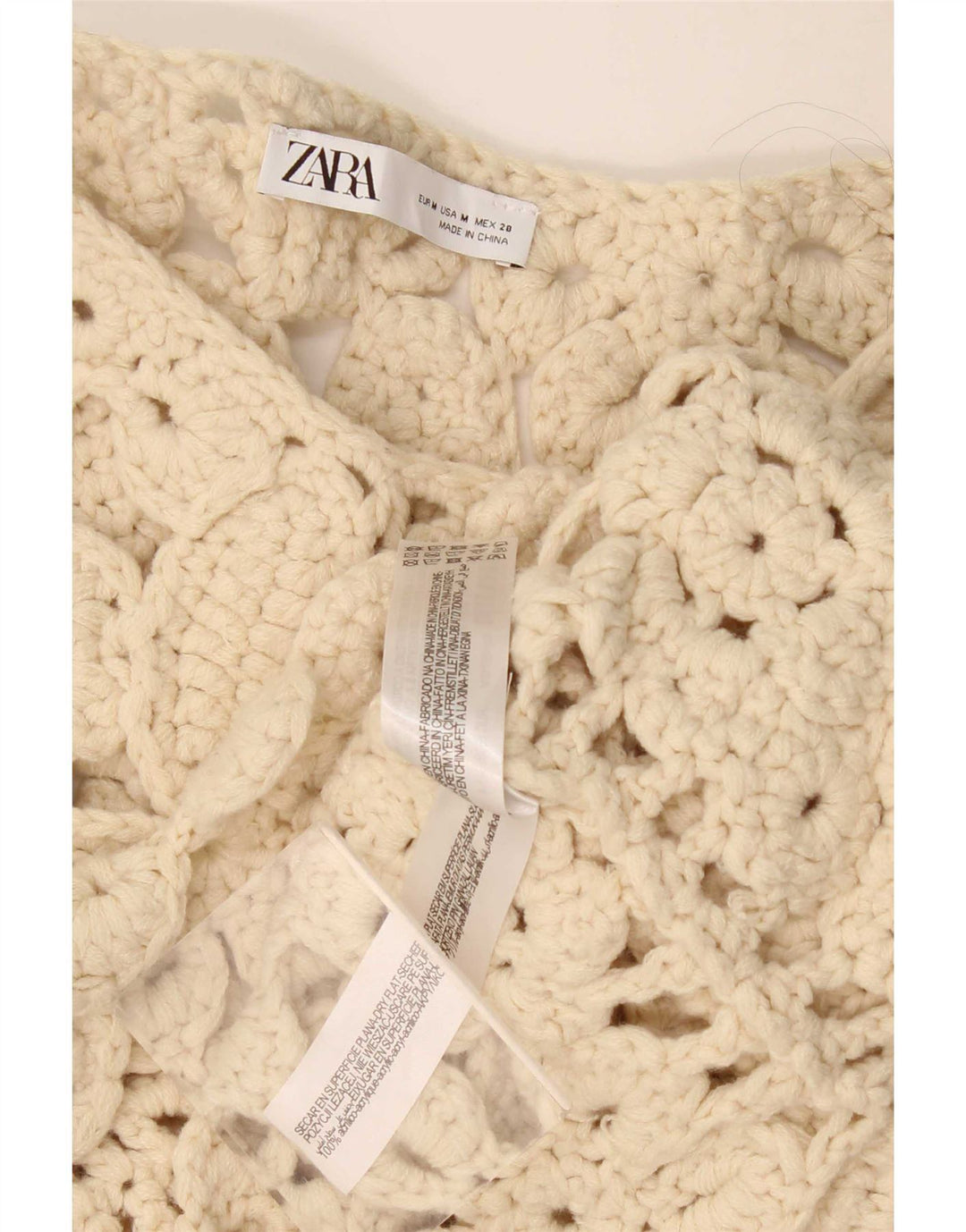 Zara oversized 3/4 ærmet hæklet bluse top UK 14 Medium Beige
