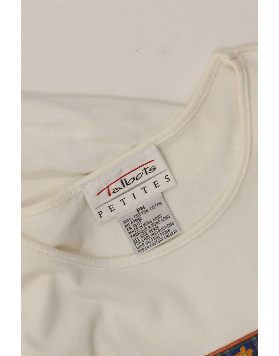 Talbots Dame Petites Grafisk T-Shirt Top UK 14 Medium Hvid Bomuld
