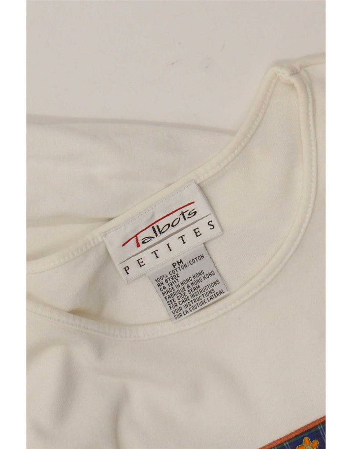 Talbots Dame Petites Grafisk T-Shirt Top UK 14 Medium Hvid Bomuld