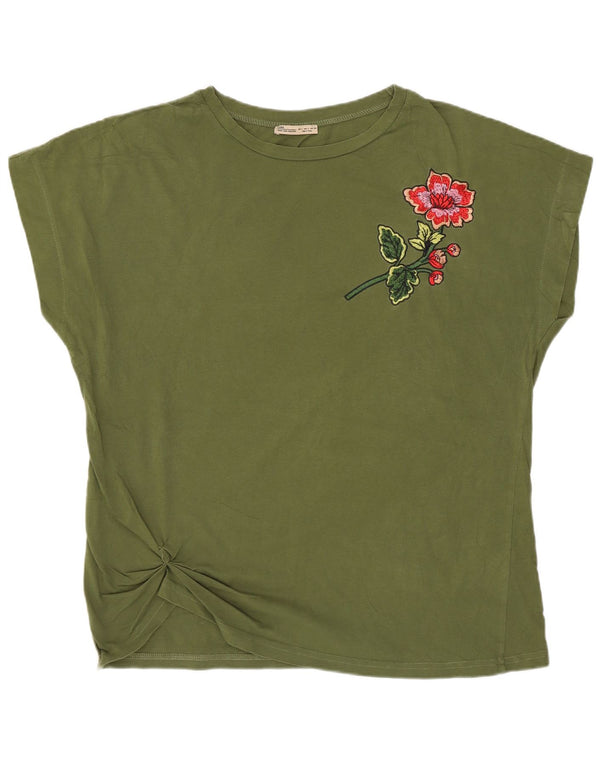 Zara Dame Grafisk T-Shirt Top UK 16 Stor Khaki Bomuld