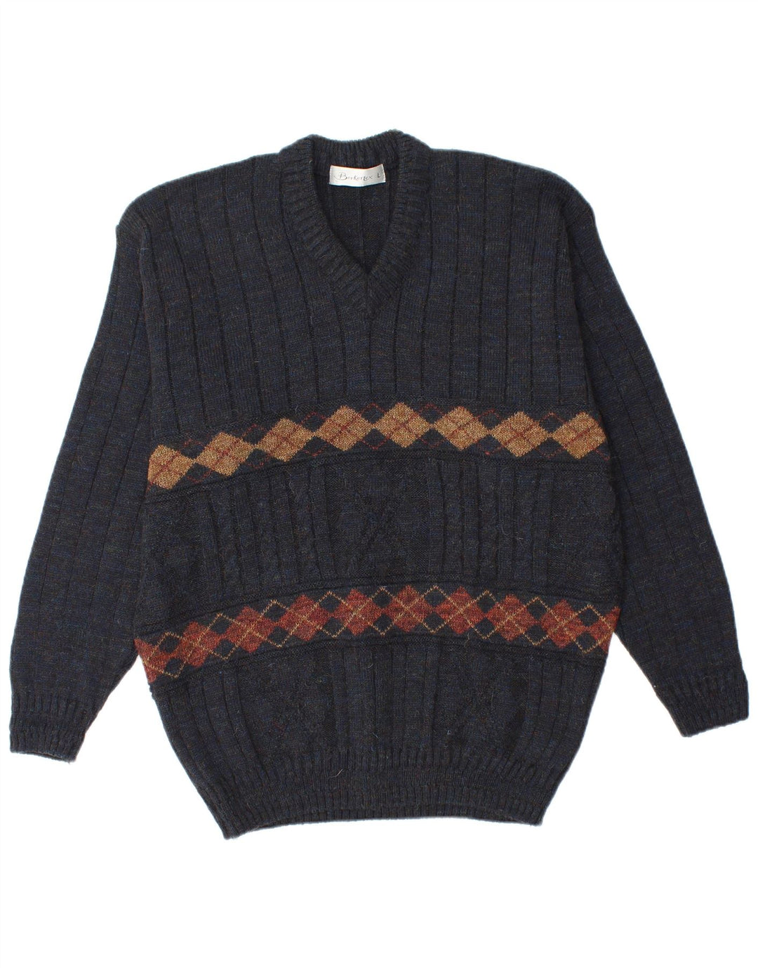 BERKERTEX Herre V-hals sweater Large Navy Blue Argyle/Diamond