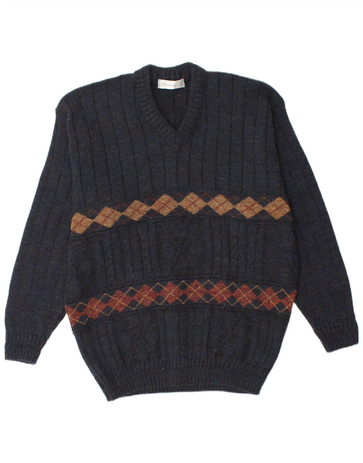 BERKERTEX Herre V-hals sweater Large Navy Blue Argyle/Diamond