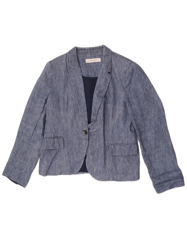 Zara Dame 1 Knap Blazer Jacket UK 18 XL Blå Nålestribet Polyester