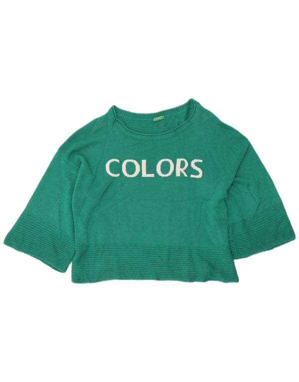 Benetton Dame Grafisk Boat Neck Jumper Sweater UK 14 Medium Green
