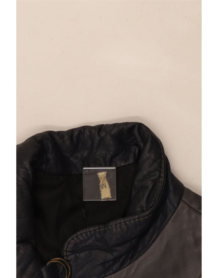 VINTAGE Dame Læderjakke UK 14 Medium Grey Colourblock