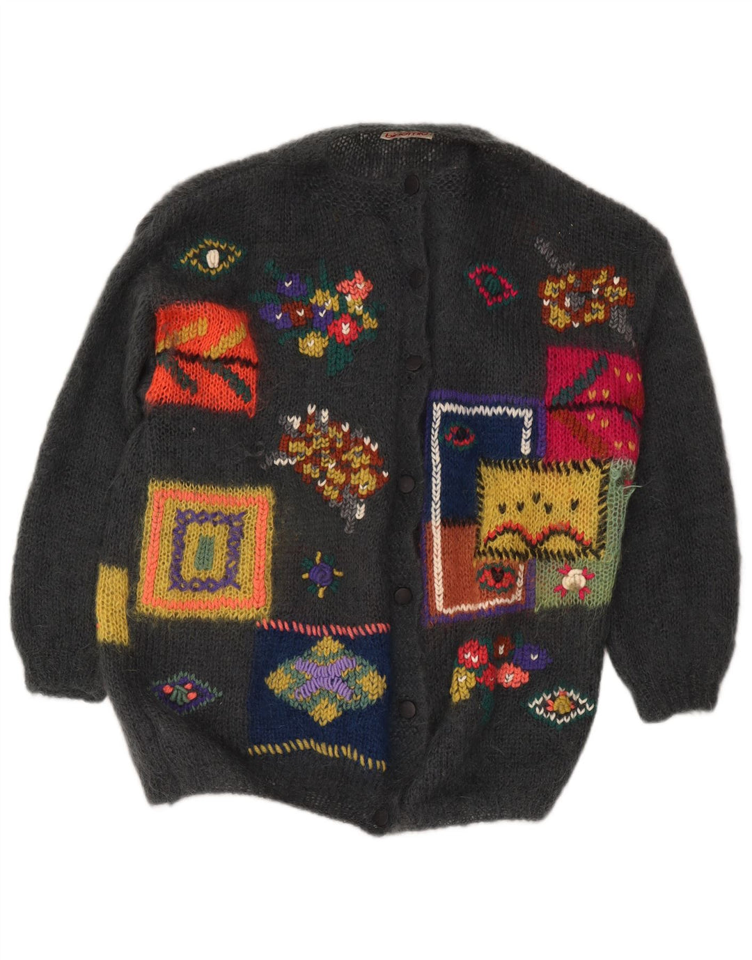 Vintage Kvinde grafisk cardigan sweater UK 18 XL Grå Patchwork