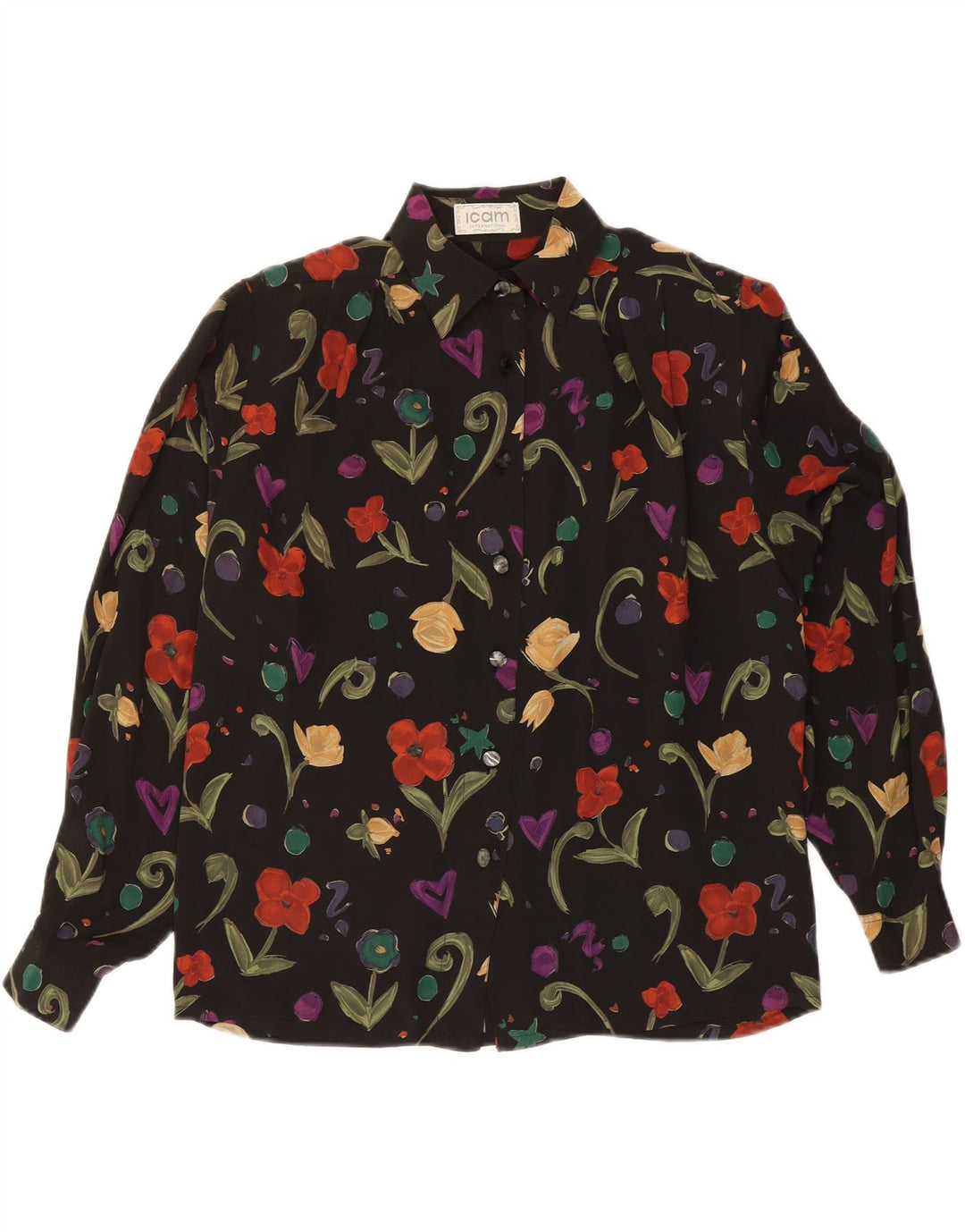 ICAM skjortebluse til kvinder IT 46 Stor sort blomstret acetat