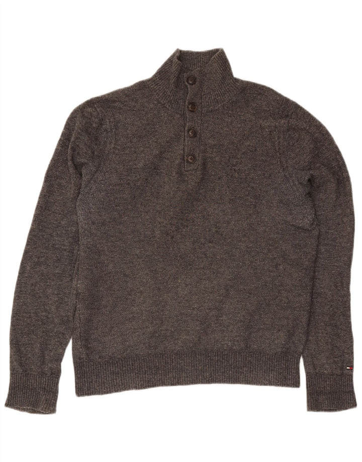 Tommy Hilfiger Herre Button Neck Jumper Sweater Medium Grå Uld