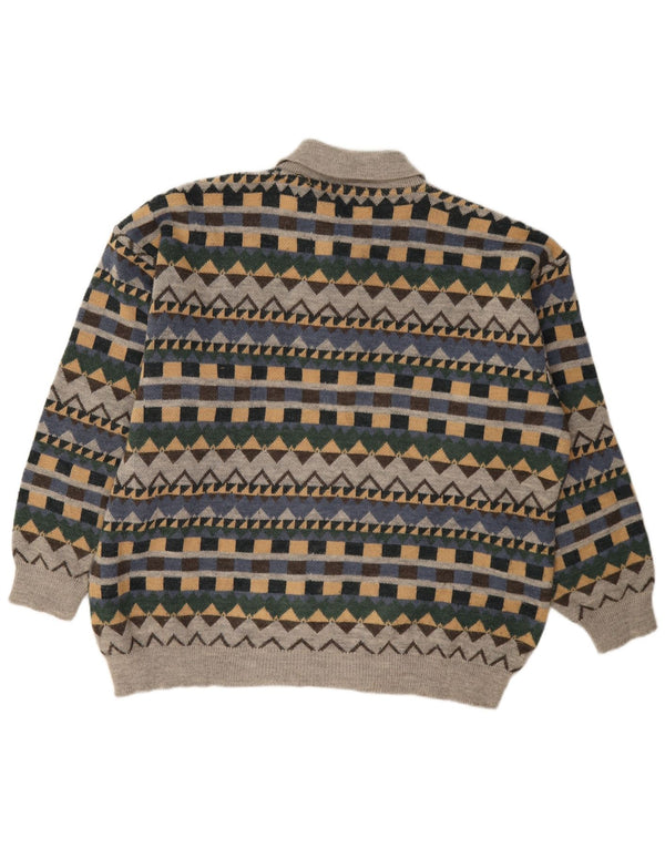 Vintage herre polo hals sweater XL grå geometrisk akryl