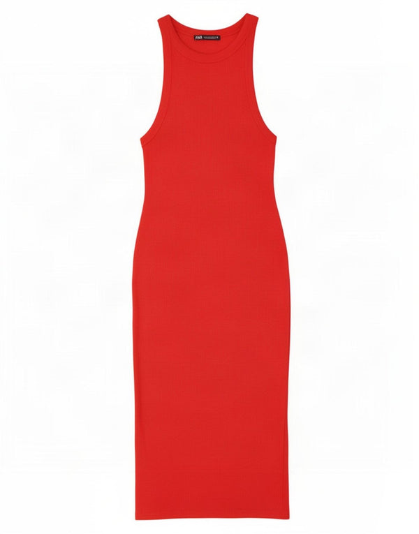 Zara Womens Sleeveless Bodycon Dress UK 12 Medium Red Bomuld