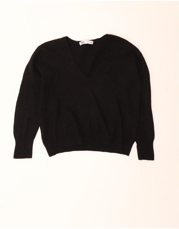 Zara Womens Crop V-hals sweater UK 10 Small Black Wool