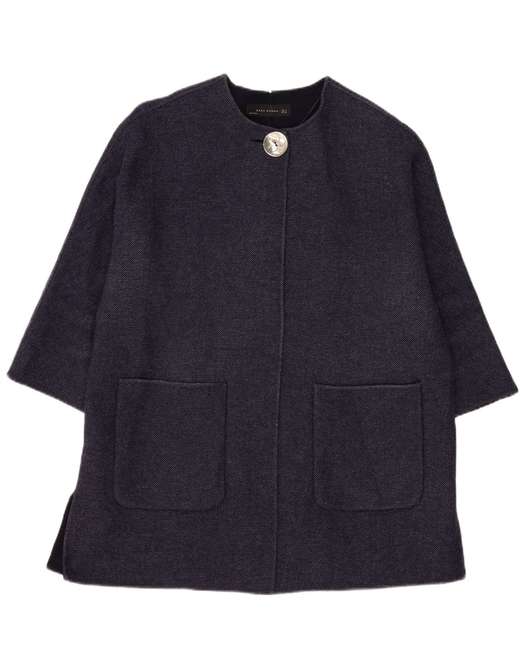 ZARA Womens Oversized 3/4 Sleeve Overcoat UK 10 Small Navy Blue Wool