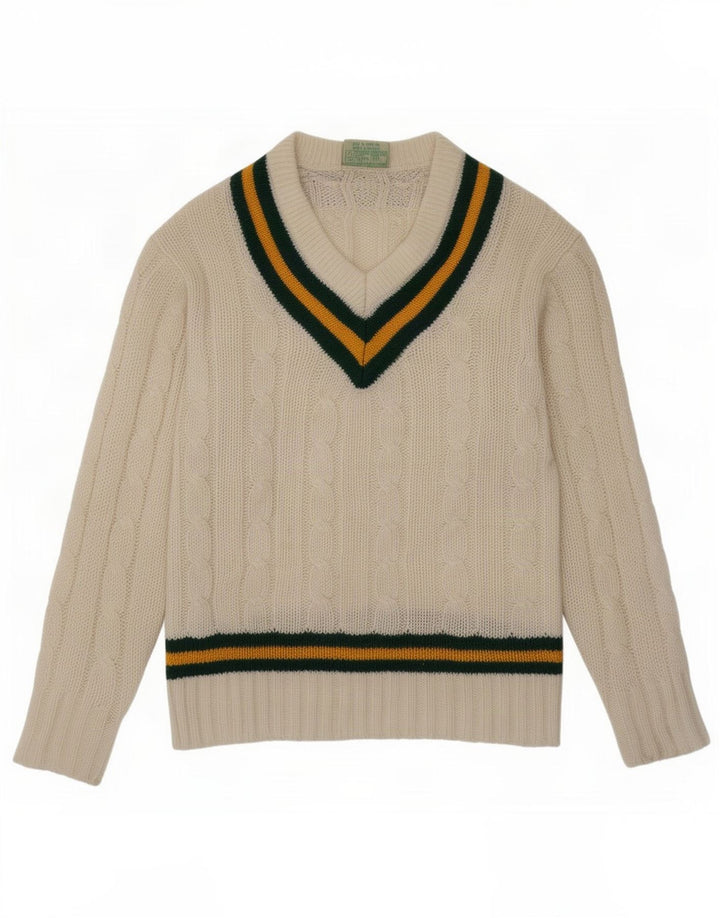 Vintage herre V-hals sweater mellem hvid stribet akryl