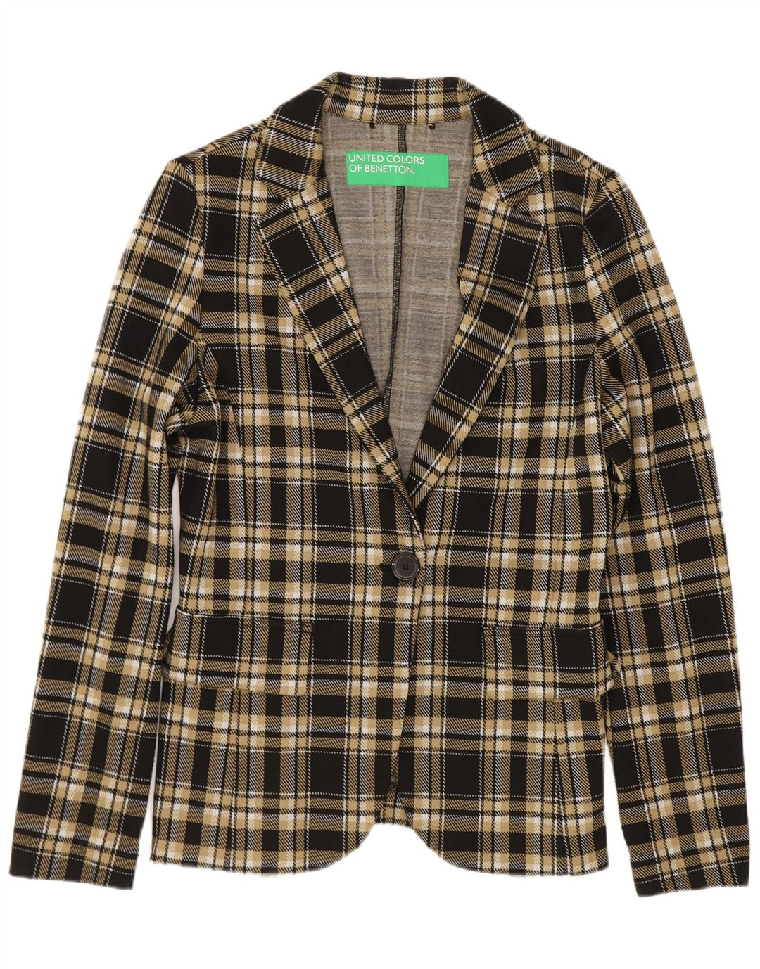 Benetton Dame 1 Knap Blazer Jacket UK 10 Lille sort ternet polyester